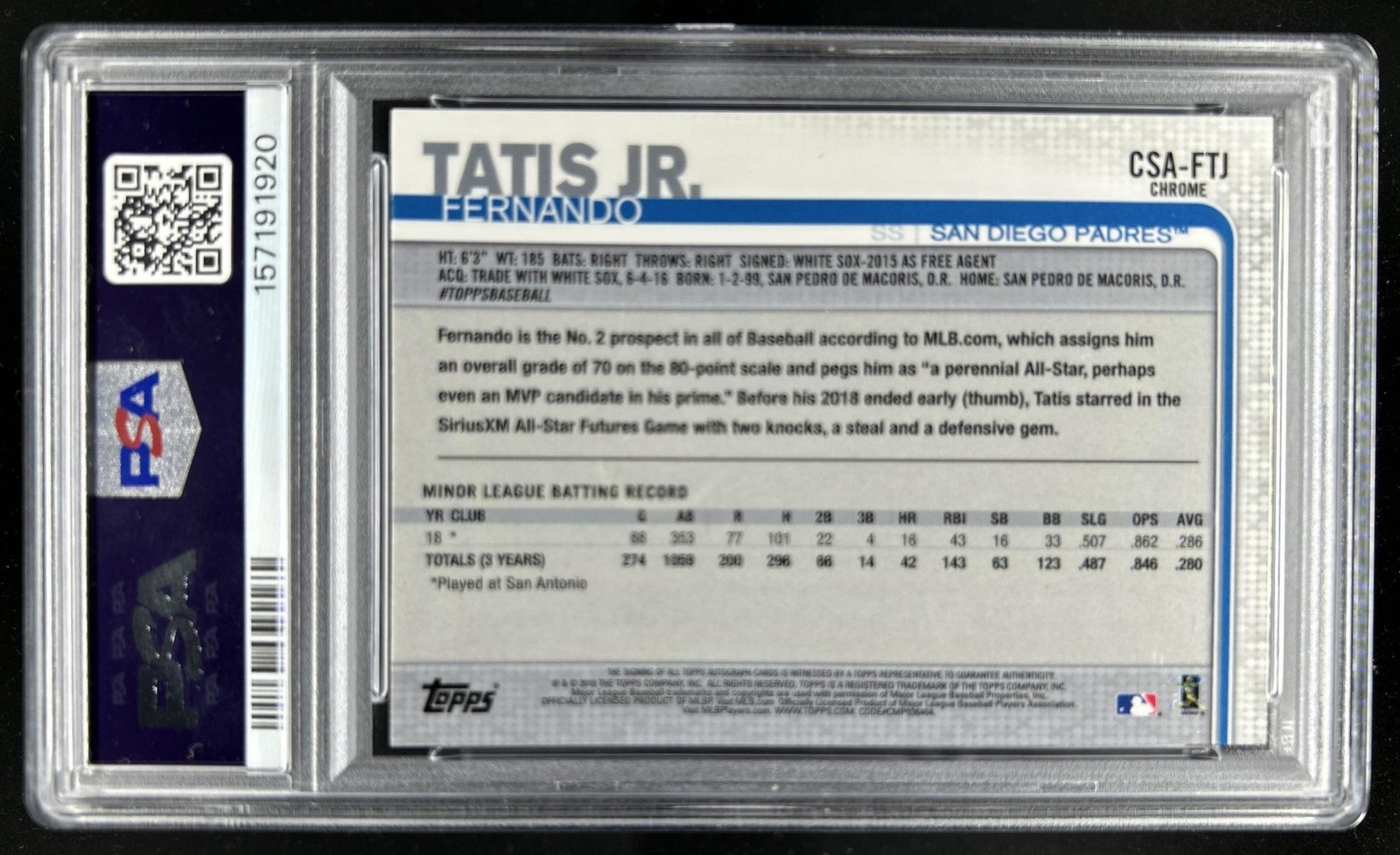 2019 Topps Chrome Sapphire Fernando Tatis Jr. Rookie Auto RC #CSA-FTJ PSA 10 view 2