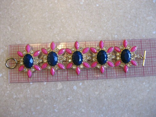 Statement Bracelet w/ Clear Rhinestones, Acrylic Stones in Pink & Navy FREE SHIP - Picture 4 of 4