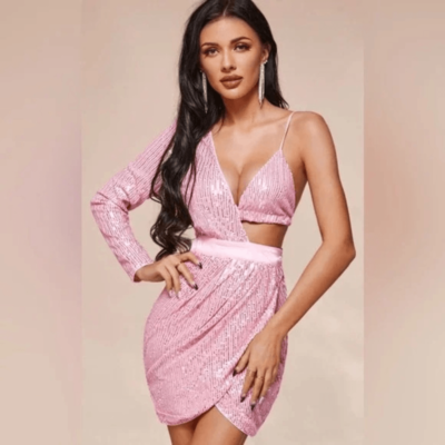 Area Stars Mini Dress Size Medium Pink Sequin Asymmetric Cut Out Party V  Neck | eBay