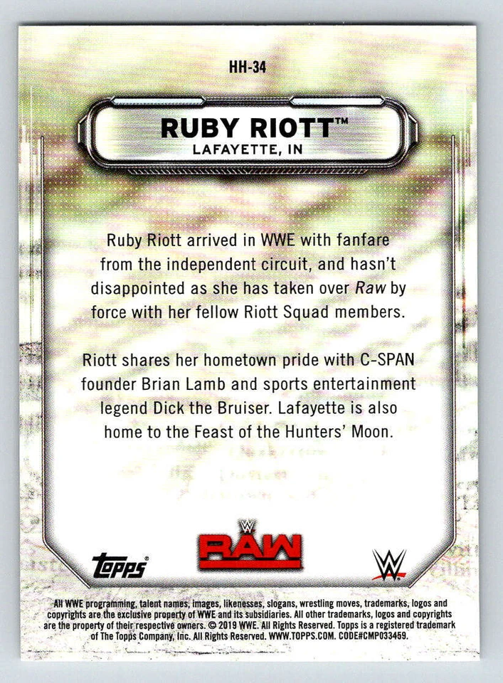2019 Topps WWE RAW Hometown Heroes #HH34 Ruby Riott (ref 181270) - Image 2 of 2