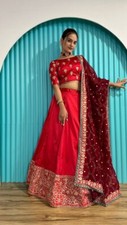 Indian Look Satin Silk Red Lehenga Choli And Dupatta For Reception Wear