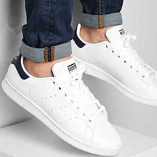 MENS ADIDAS STAN SMITH RETRO TRAINERS - WHITE/NAVY BLUE - ALL UK SIZES - FX5501.