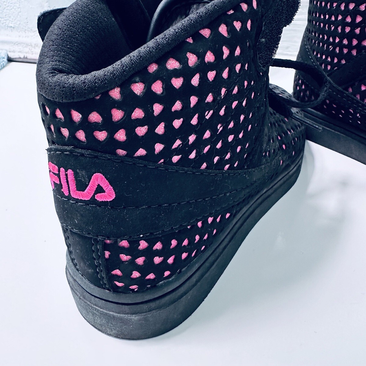 FILA Vulc 13 Black & Pink Big Heart High Top Sneakers Size 6