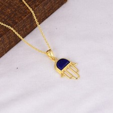 Hamsa Hand Gold Charm Necklace With Lapis Sterling Silver Religious Jewelry