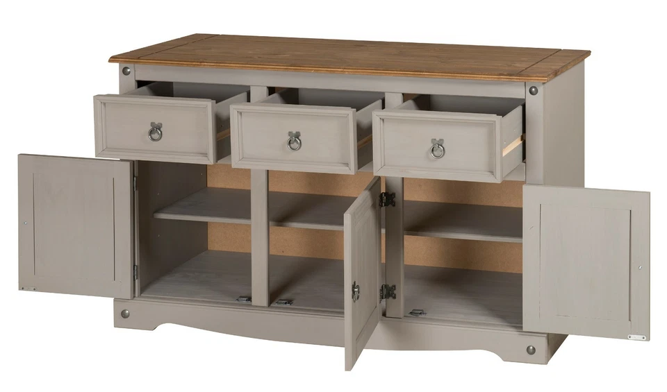 Corona Sideboard Grey Wax 3 Door 3 Drawer Solid Pine Dining Mercers Furniture® - Image 3 of 4
