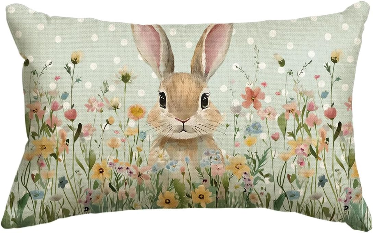 Easter Bunny Wildflowers Polka Dot Pillow Cover 12x20 Inches Cushion Case