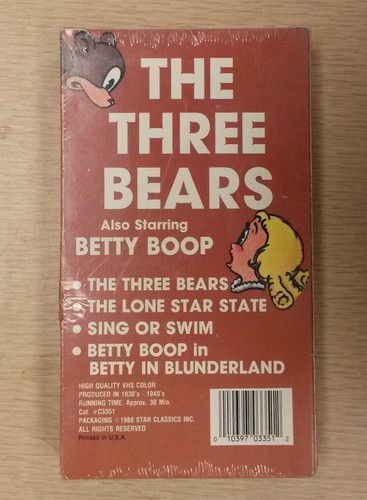 THE THREE BEARS Starring BETTY BOOP Vintage VHS Tape 1988 New FREE SHIP Sealed - Picture 2 of 2