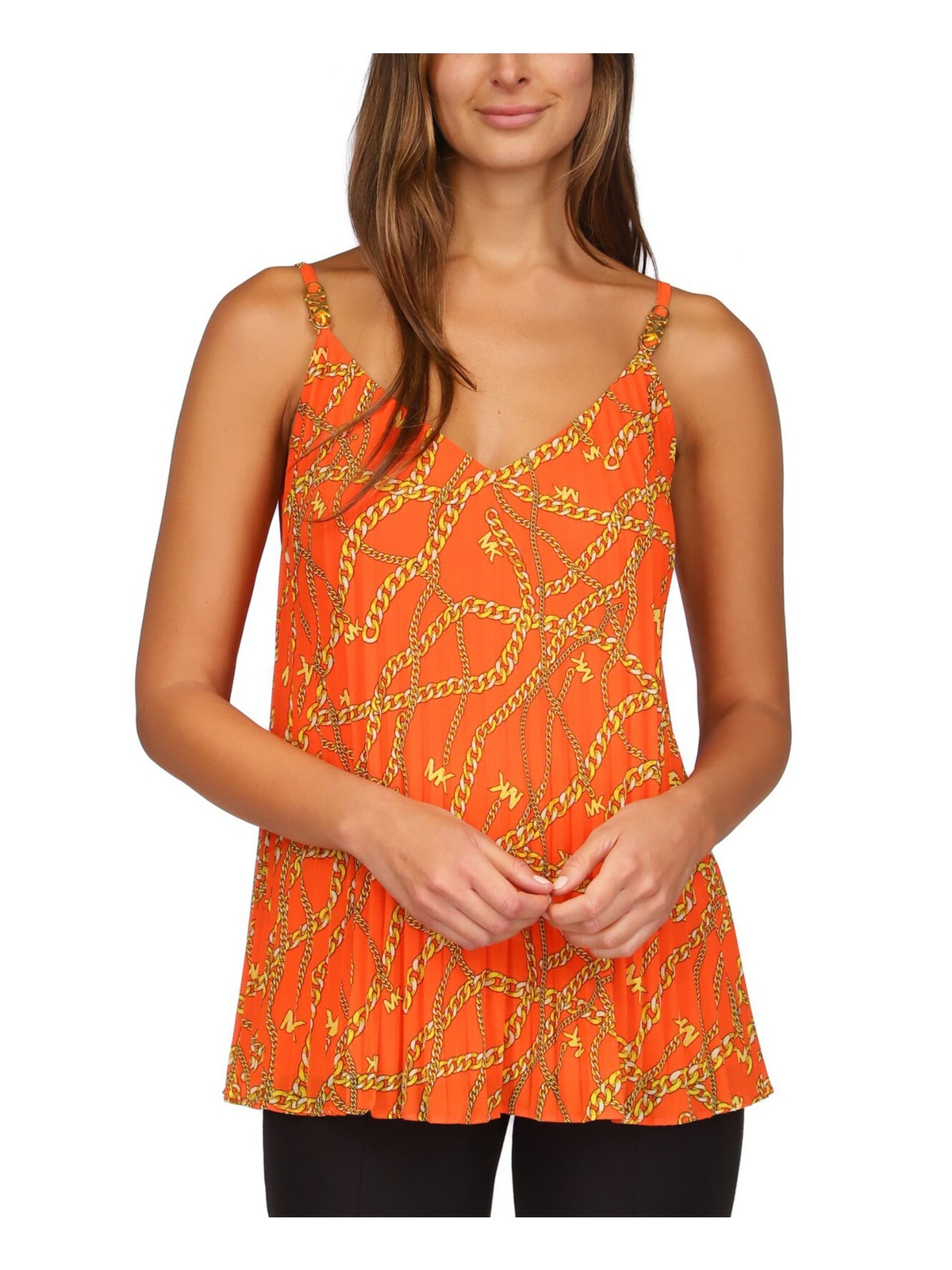 Женская оранжевая плиссированная майка без рукавов с V-образным вырезом MICHAEL MICHAEL KORS L