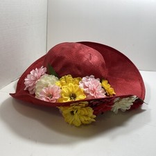 Vintage Jack McConnell Red Hat w Flowers Woven Rattan Boutique Church Easter