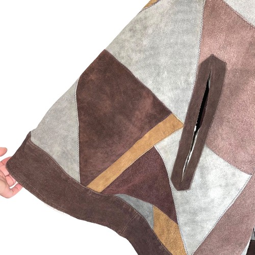 Vintage Poncho Womens One Size Pullover Suede Patchwork Handmade Slit Pockets - Picture 5 of 12
