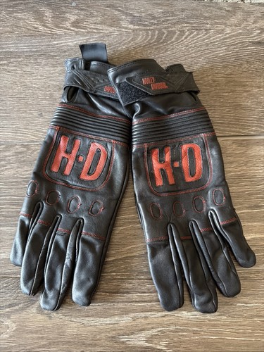 Vintage Harley Davidson Black Leather Gloves Adjustable Wrist HD logo SZ Large