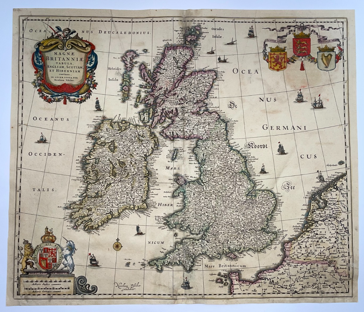 BRITISH ISLES c. 1670 NICOLAS VISSCHER I LARGE ANTIQUE MAP 17TH