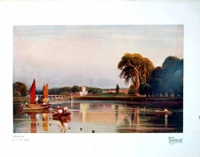 Antique Old Print Cookham P De Wint Water Landscape Church Trees Boats 1919