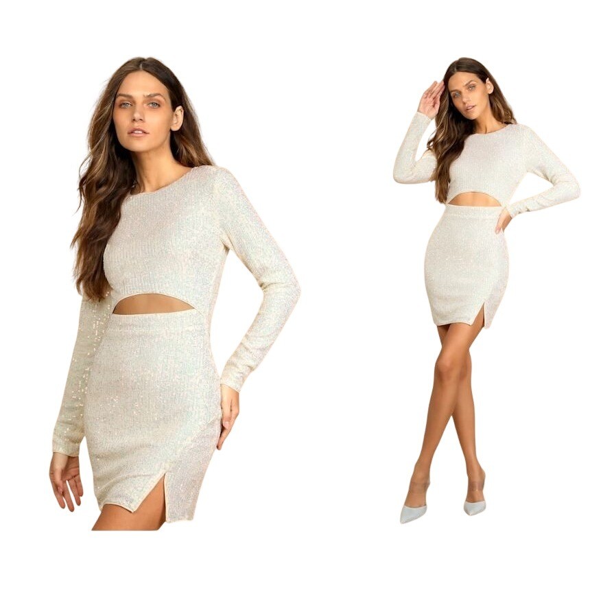 Lulus Size XL Stay Radiant Cream Iridescent Sequin Long Sleeve Mini Dress NEW
