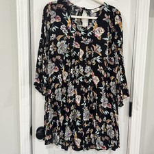 Umgee Womens Small Black Floral Babydoll Dress 3/4 Sleeve Boho Cottagecore
