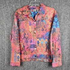 Chico's Button Down Jacket Women Size 1 Multicolor Linen Blend Abstract Print