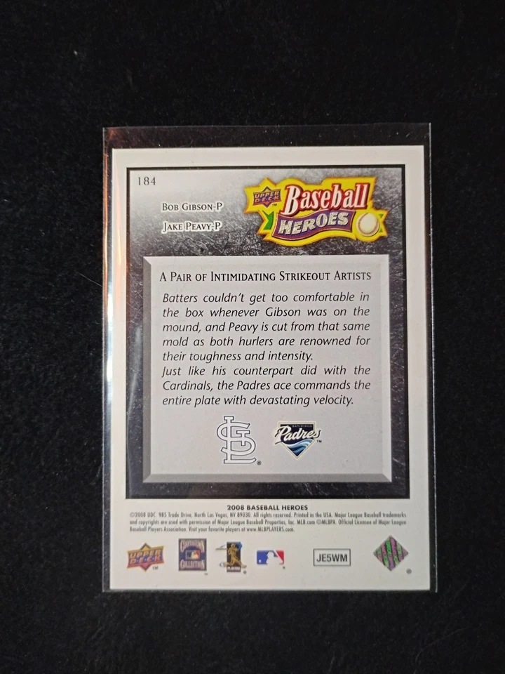 2008 Upper Deck Baseball Heros- BLACK - Bob Gibson/Jake Peavy , LIMITED PRINT - Image 2 of 2