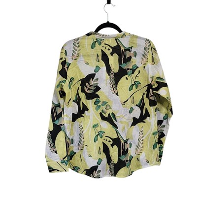 CC Chic Connections Top L Green Floral Button Up Roll Tab Sleeve
