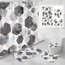 4 Pcs Grey Modern Geometric Shower Curtain Set with Non-Slip Rugs, Toilet Lid...