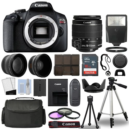 Canon EOS Rebel T7 / 1500D SLR Body+ 3 Lens Kit 18-55mm + 32GB + Flash & More