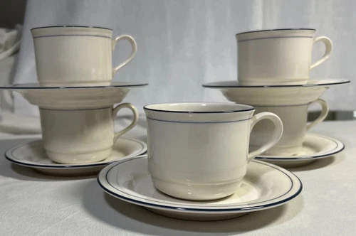 Set Of 5 Lenox Chinastone Blue Pinstripes Flat Cups & Saucers Blue Patterns VTG