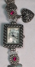 Vtg Geneva Silver Rectangular Watch Red Gem Flower Heart Charm Band - New Batt