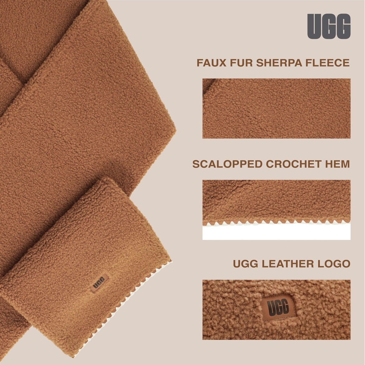 UGG Uggfluff Scalloped Scarf w Plush Fleece and Leather Logo