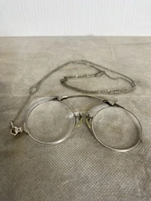 Antique AO Foldable Pince Nez 1/10 12k White Gold Eyeglasses With Necklace Chain