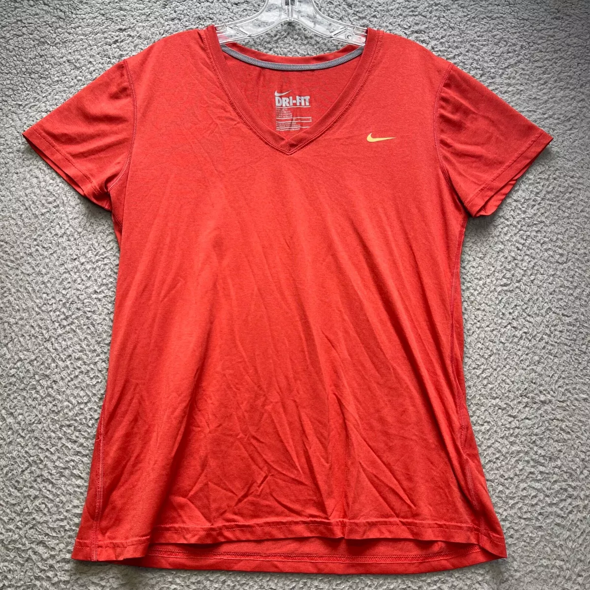 Nike Dri Fit T Shirt Womens Large Red V Neck Short Sleeve Active Wear