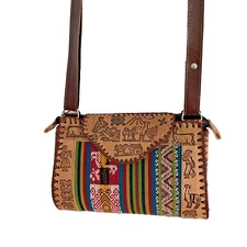 Peruvian Leather Hand Tooled Tribal/Llama Earth Crossbody Adjustable Strap Purse