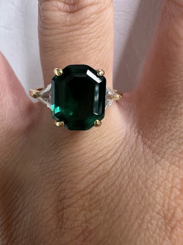Anello Argento Sterling 925 Vetro Verde Tono Oro Taglia 8,75 - Foto 2 di 8