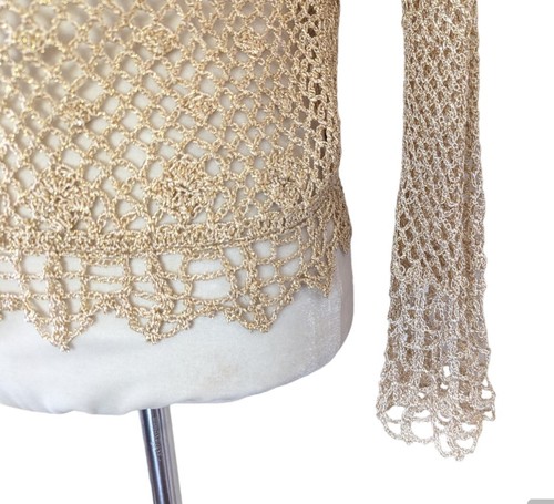 Vintage Crochet Gold Sweater Top Small Metallic Sparkling Bust Detail Boho Vtg - Picture 4 of 4