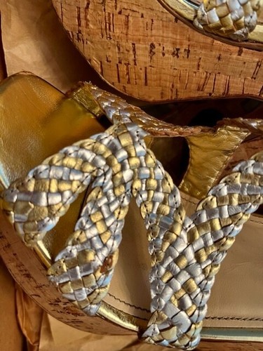Sandali Prada oro e argento pelle intrecciata, tacco sughero sexy estivi plateau 10,5 - Foto 6 di 11