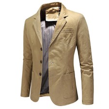 Men Cotton Business Casual Blazer Suit Jacket Slim Fit Coat Tops Pocket Plain