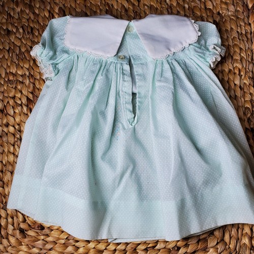 Vintage Peaches N Cream Teal Ribbon Dress Puff Sleeves Smocked 3 to 6 months - Picture 2 of 4