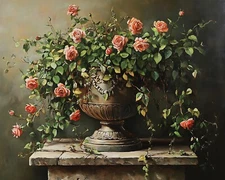 Wrought iron pot with roses and ivy oil painting 8x10 Print