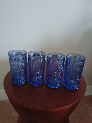 Blue Drinking Glasses Glassware Vintage Highball Tumblers Water 12 Oz Set Of 4