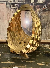 Gold Mid Century Modern Geometric Wood Fruit Basket Magazine Holder Maximalist