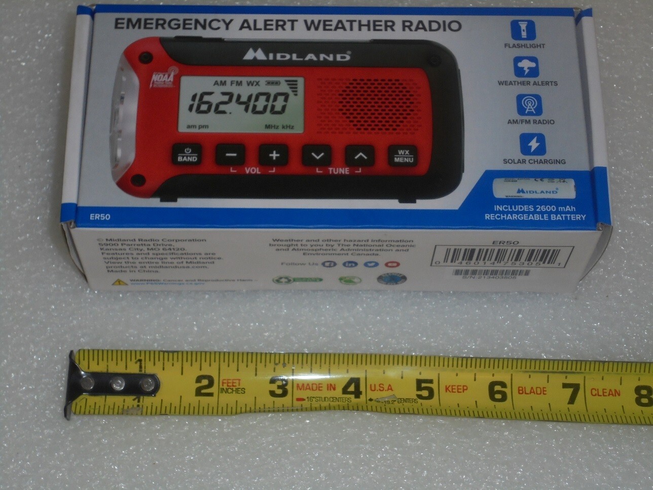 MIDLAND EMERGENCY ALERT WEATHER RADIO, BATTERY, CRANK,USB ER50! NEW