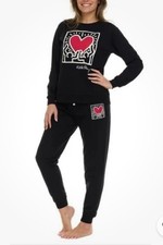 Keith Haring Women's Soft Fleece Lounge Set Long Sleeve Crew  Joggers Black