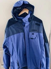 Obermeyer Mens Large Ski Snowboard Jacket Ventilation Hood Blue Black Nice