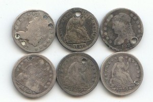 6 Half Dime,Capped Bust & Seated,All Holed,1831,1832,1853,1854,1870,True Auction