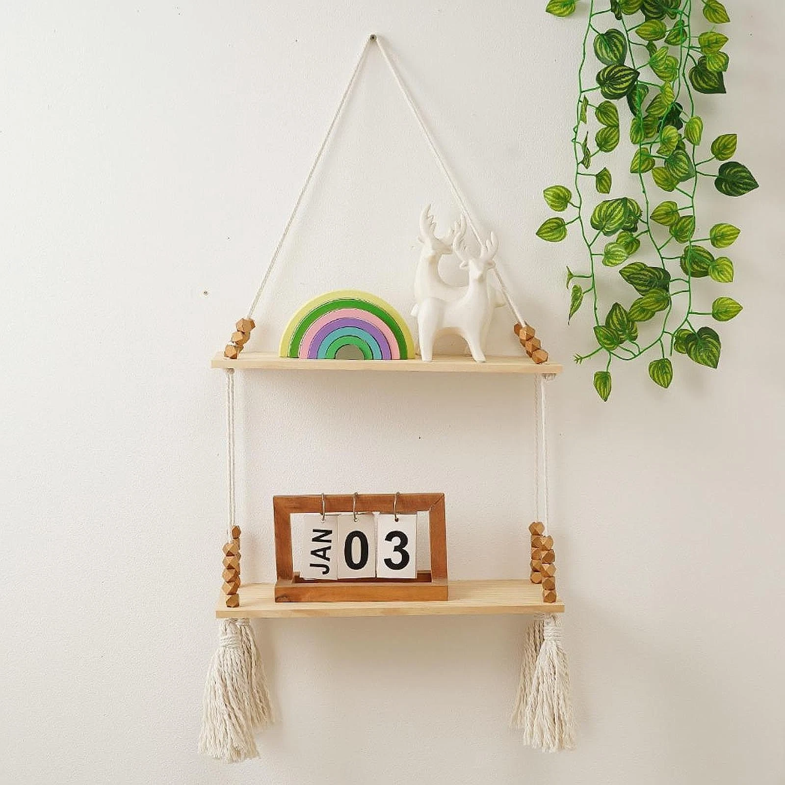 Boho Macrame Wall Hanging Shelf Floating Shelf Elegant 2 Layer Easy to Install