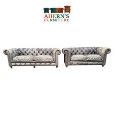 Halo Leather Chesterfield Sofa Suite 3 & 2 Seater Blue Grey Distressed