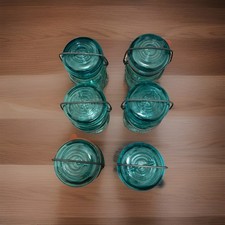 6- VINTAGE BALL IDEAL PINT BLUE FRUIT JARS WITH BLUE GLASS LIDS WIRE CLAMP