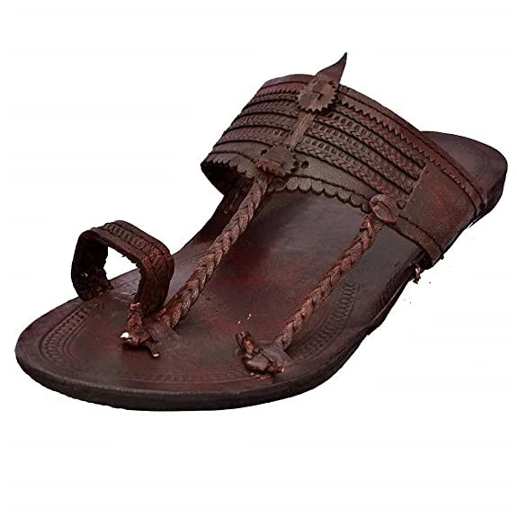 Men's Kolhapuri Leather Mojari Jutti Flip Flop Flop Shoes Black Gem