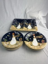 Certified Internal Susan Winget Folk Snowman Christmas Plates & Platter Set