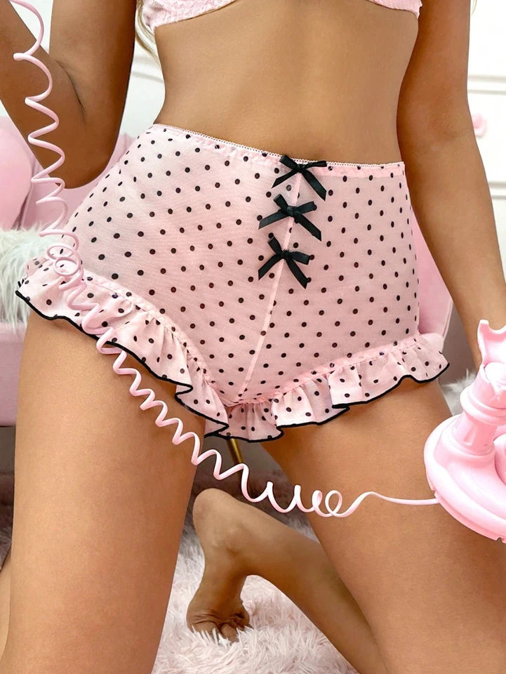 L/Kawaii Rosa Volantes Panty Cintura Alta Lunares Travesti Lolita Foto 4 de 4