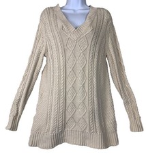 LL Bean Signature Cotton Fisherman Cable Knit Tan Sweater EUC Women's Size M