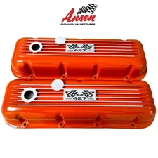 Big Block Chevy 427 Flag Logo Orange Valve Covers - Classic Finned - Ansen USA